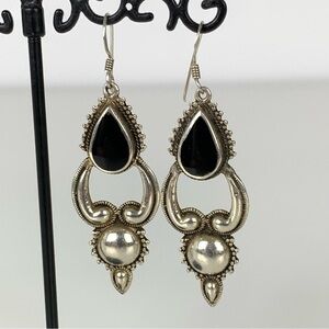 Sterling Silver Earrings Black Stone Victorian Style Vtg Stamped 925 Gothic